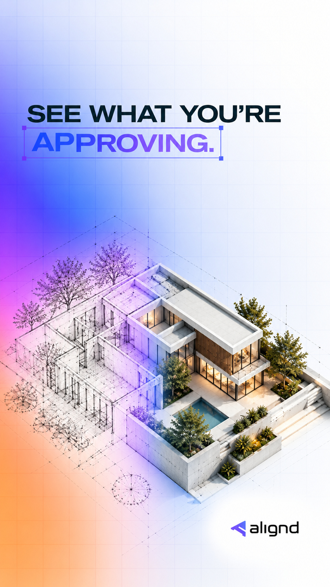 An architectural drawing transitions into a rendered house, making the proposed design visible.