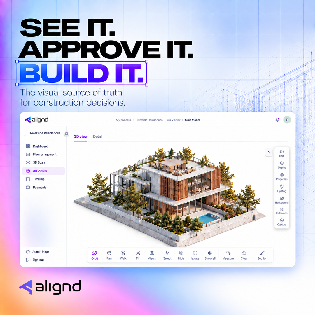 Alignd’s visual workspace composition showing a three-dimensional architectural project.